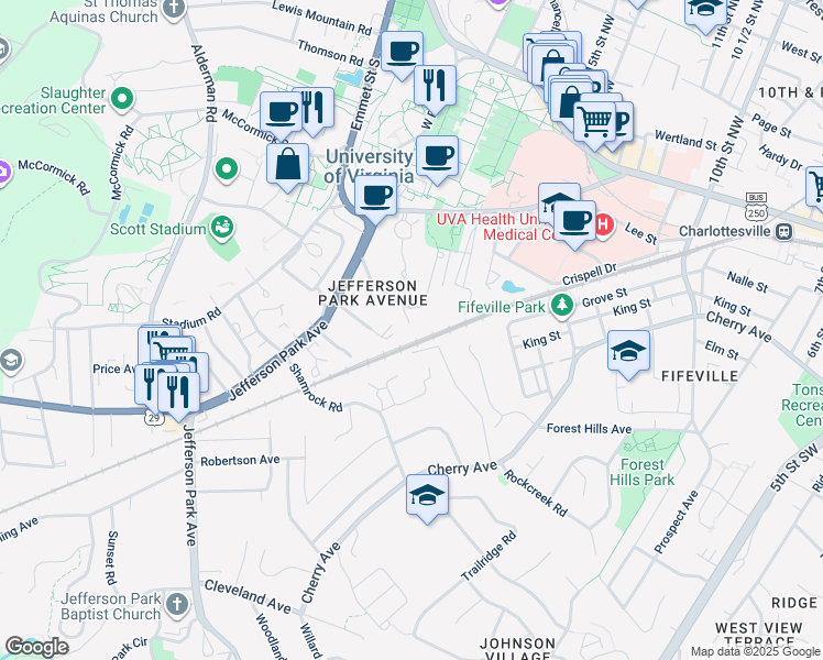 map of restaurants, bars, coffee shops, grocery stores, and more near 1 Valley Circle in Charlottesville