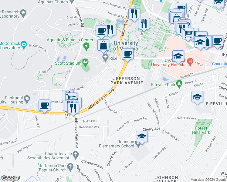 map of restaurants, bars, coffee shops, grocery stores, and more near 102 Kent Terrace in Charlottesville