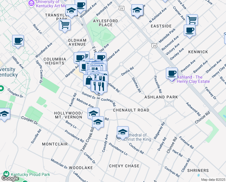 map of restaurants, bars, coffee shops, grocery stores, and more near 109 Cochran Road in Lexington