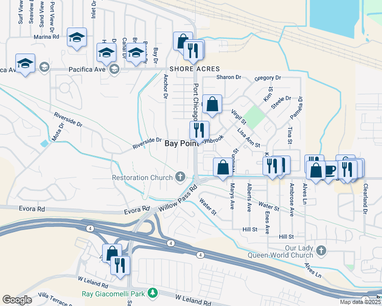 map of restaurants, bars, coffee shops, grocery stores, and more near 211 Riverside Place in Bay Point