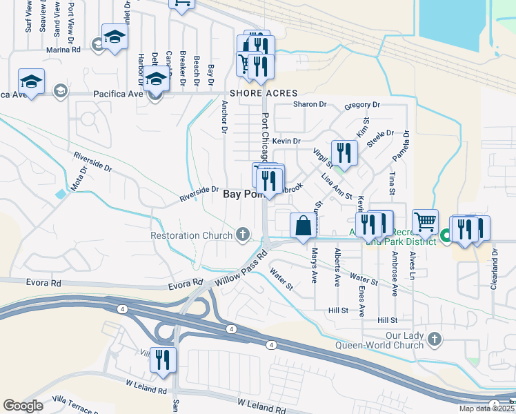 map of restaurants, bars, coffee shops, grocery stores, and more near 211 Riverside Place in Bay Point