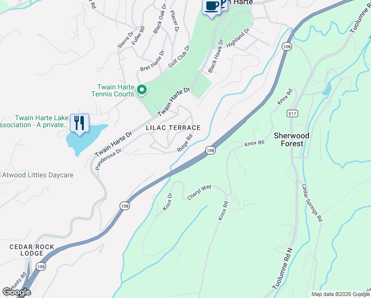 map of restaurants, bars, coffee shops, grocery stores, and more near 22401 Ridge Road in Twain Harte