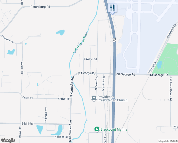 map of restaurants, bars, coffee shops, grocery stores, and more near 1151 Saint George Road in Evansville