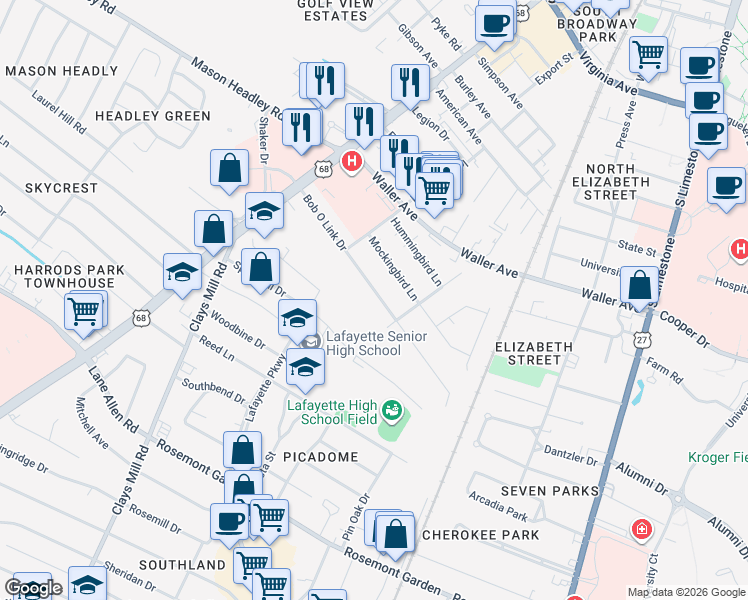 map of restaurants, bars, coffee shops, grocery stores, and more near 464 Bob-O-Link Drive in Lexington