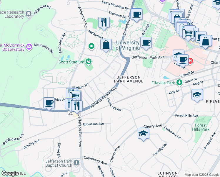 map of restaurants, bars, coffee shops, grocery stores, and more near 1815 Jefferson Park Avenue in Charlottesville