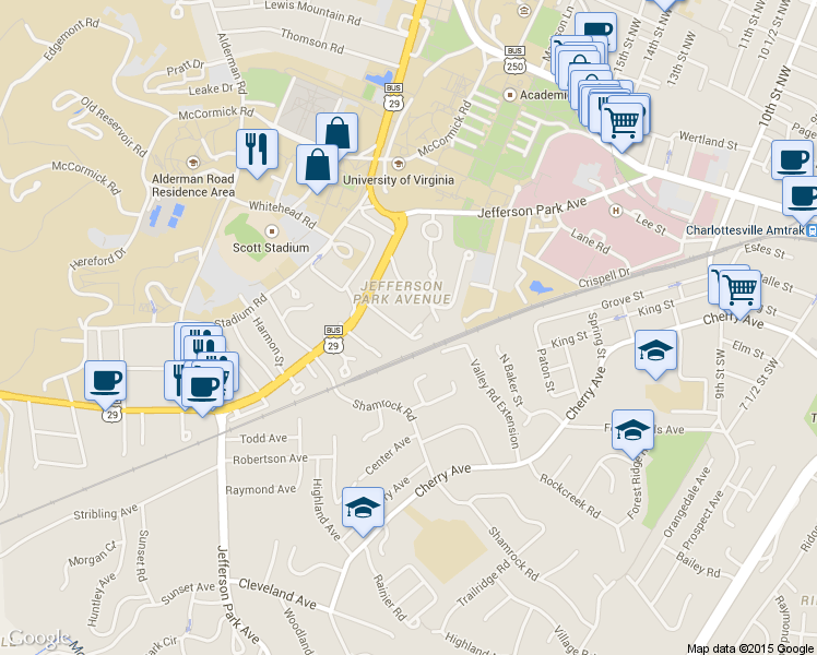 map of restaurants, bars, coffee shops, grocery stores, and more near 122 Maywood Lane in Charlottesville