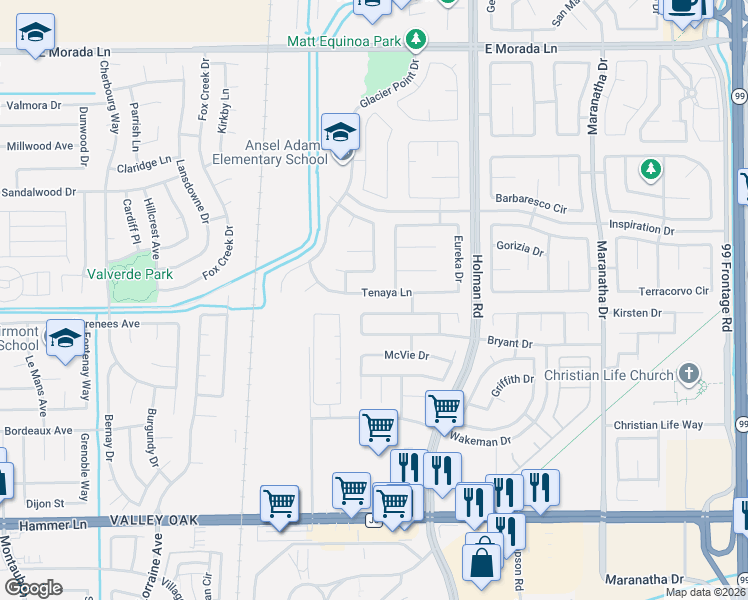 map of restaurants, bars, coffee shops, grocery stores, and more near 3212 Leadon Drive in Stockton