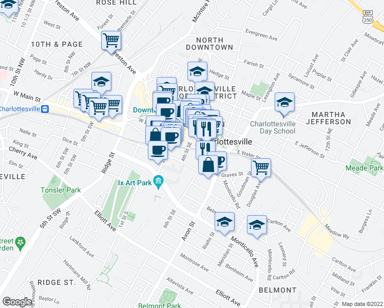 map of restaurants, bars, coffee shops, grocery stores, and more near 316 4th Street Southeast in Charlottesville