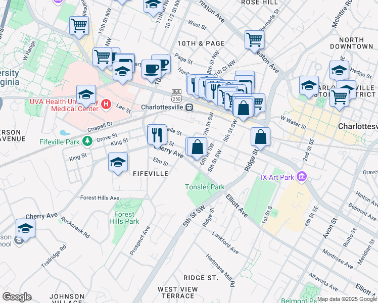 map of restaurants, bars, coffee shops, grocery stores, and more near 701 Cherry Avenue in Charlottesville