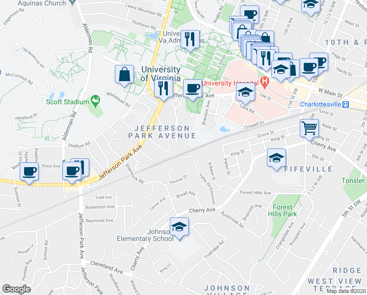 map of restaurants, bars, coffee shops, grocery stores, and more near 301 Valley Road Extension in Charlottesville
