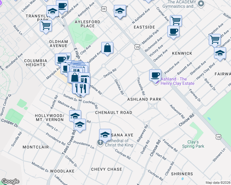 map of restaurants, bars, coffee shops, grocery stores, and more near 329 McDowell Road in Lexington