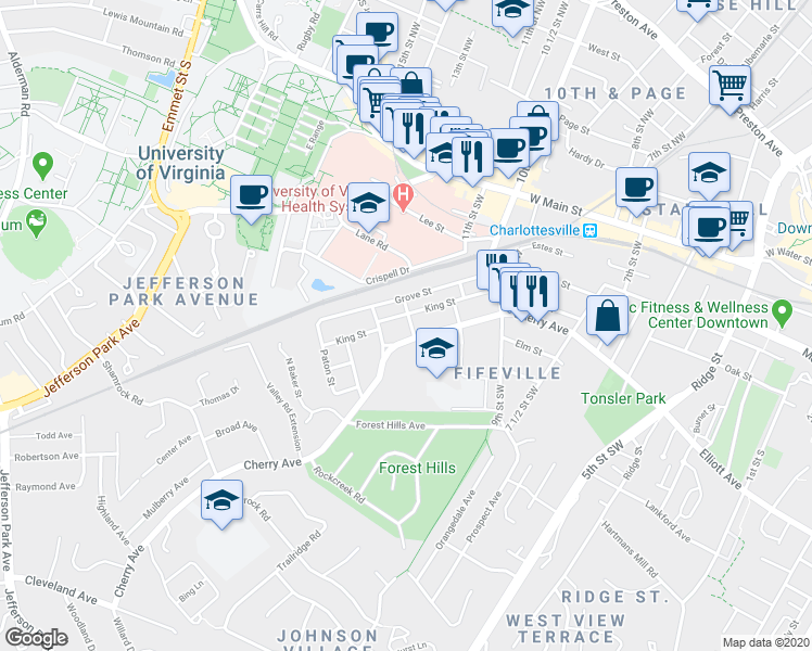 map of restaurants, bars, coffee shops, grocery stores, and more near 403 Jones Street in Charlottesville