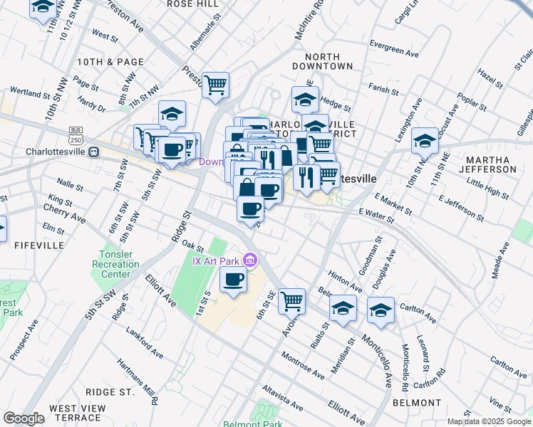 map of restaurants, bars, coffee shops, grocery stores, and more near 333 2nd Street Southeast in Charlottesville