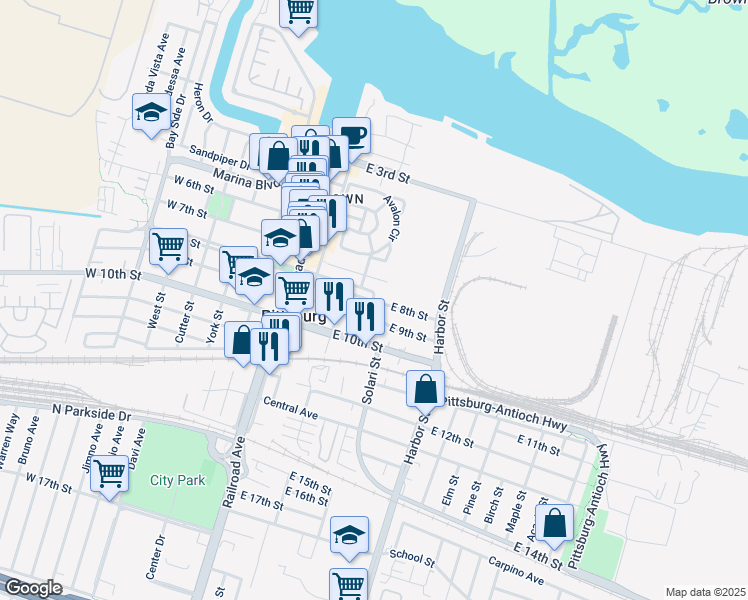 map of restaurants, bars, coffee shops, grocery stores, and more near 804 East Street in Pittsburg