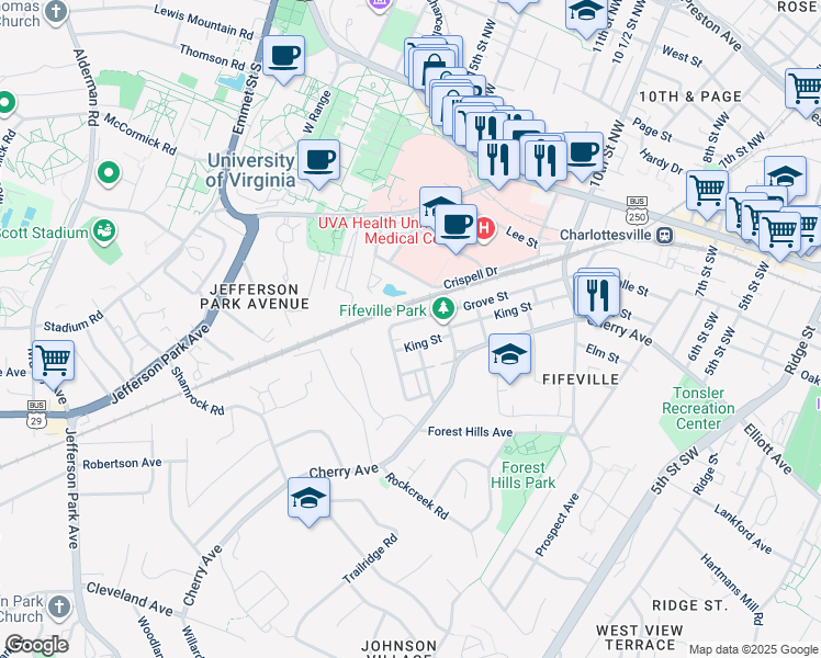 map of restaurants, bars, coffee shops, grocery stores, and more near 1216 Grove Street in Charlottesville