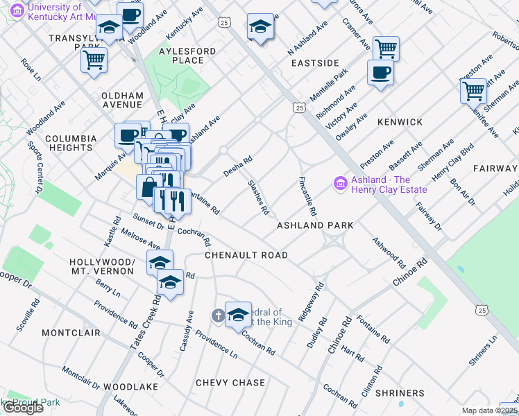 map of restaurants, bars, coffee shops, grocery stores, and more near 1206 Slashes Road in Lexington