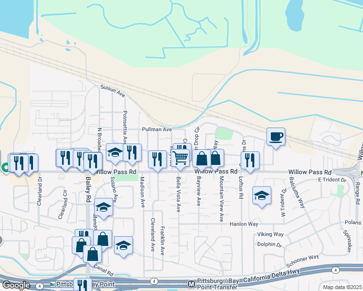 map of restaurants, bars, coffee shops, grocery stores, and more near 95 Crivello Avenue in Bay Point