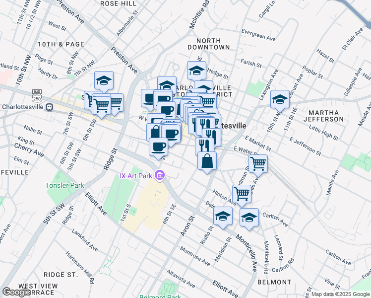 map of restaurants, bars, coffee shops, grocery stores, and more near 322 4th Street Southeast in Charlottesville