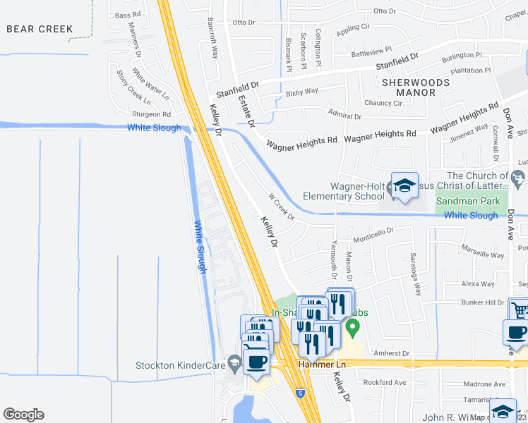 map of restaurants, bars, coffee shops, grocery stores, and more near 3405 Roanoke Court in Stockton