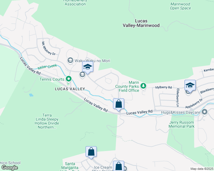 map of restaurants, bars, coffee shops, grocery stores, and more near 1 Mount Susitna Court in San Rafael