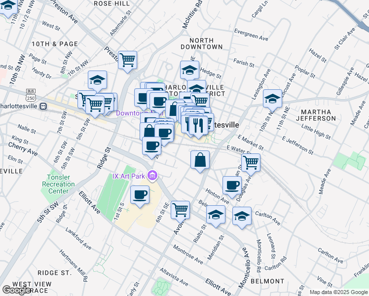 map of restaurants, bars, coffee shops, grocery stores, and more near 322 4th Street Southeast in Charlottesville