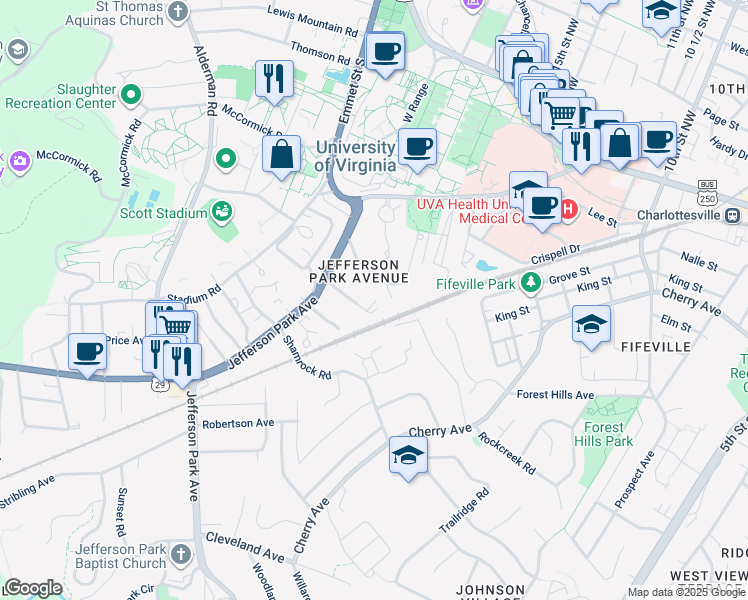 map of restaurants, bars, coffee shops, grocery stores, and more near 117 Maywood Lane in Charlottesville