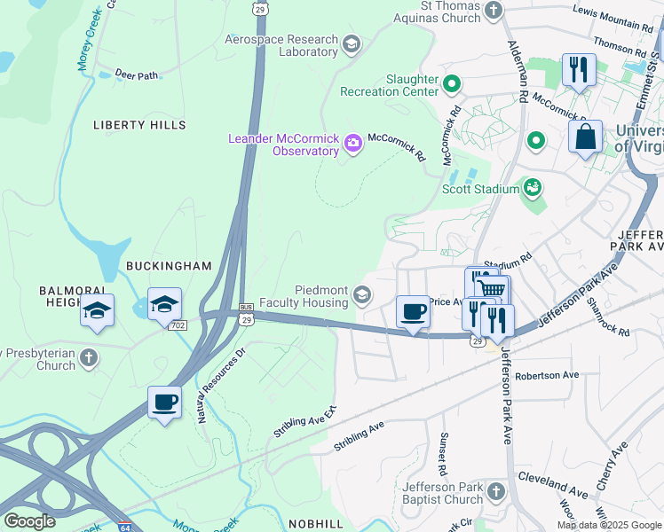 map of restaurants, bars, coffee shops, grocery stores, and more near 109 Mimosa Drive in Charlottesville