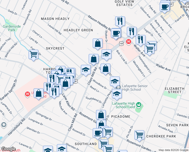map of restaurants, bars, coffee shops, grocery stores, and more near 1800 Clays Mill Road in Lexington