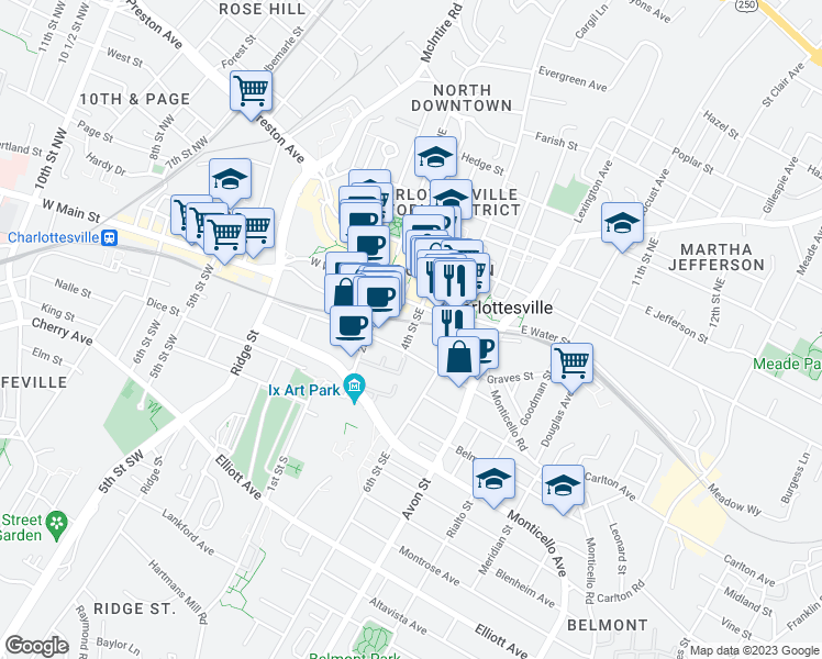 map of restaurants, bars, coffee shops, grocery stores, and more near 320 4th Street Southeast in Charlottesville