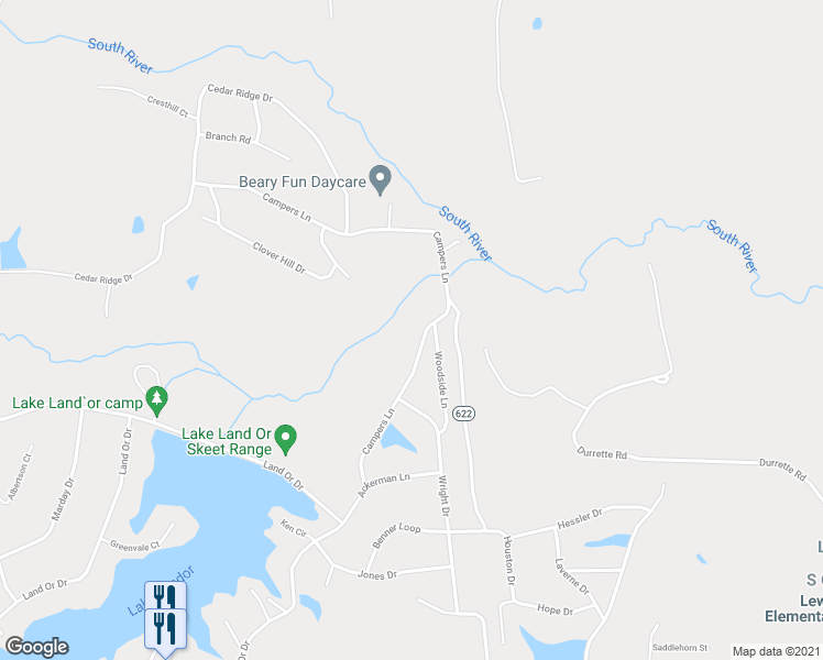 map of restaurants, bars, coffee shops, grocery stores, and more near 827 Campers Lane in Ruther Glen