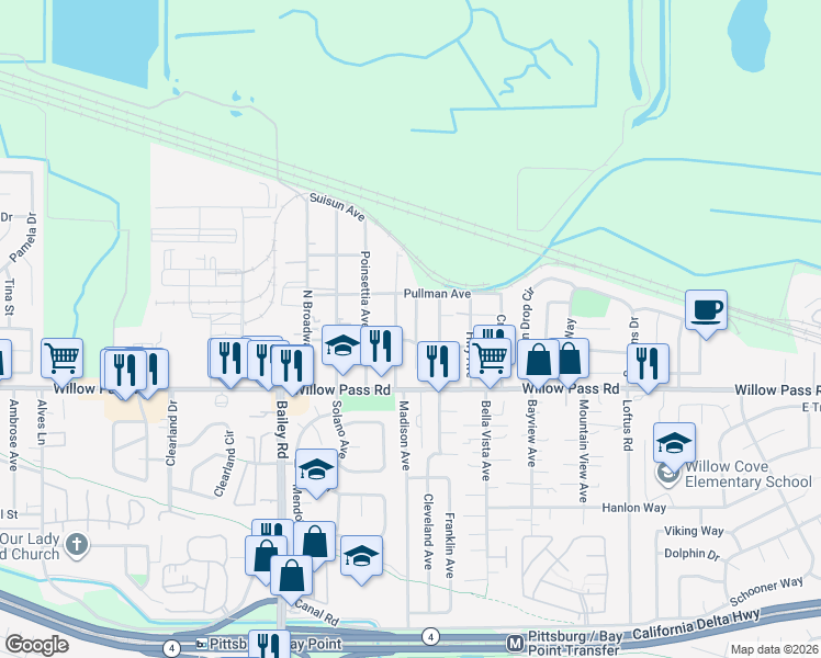 map of restaurants, bars, coffee shops, grocery stores, and more near 116 Gibson Avenue in Bay Point