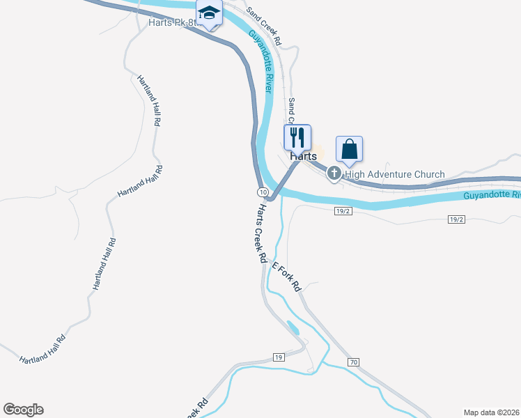 map of restaurants, bars, coffee shops, grocery stores, and more near 4-28 Big Harts Creek Road in Harts