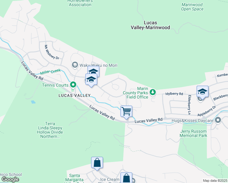 map of restaurants, bars, coffee shops, grocery stores, and more near 1 Mount Susitna Court in San Rafael