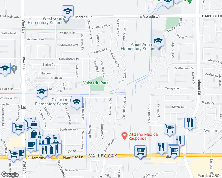 map of restaurants, bars, coffee shops, grocery stores, and more near 8734 Fox Creek Drive in Stockton