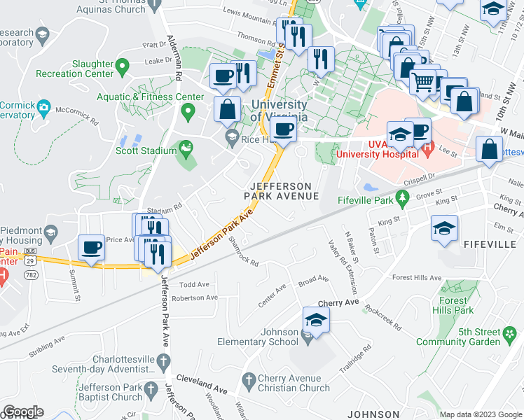 map of restaurants, bars, coffee shops, grocery stores, and more near 1800 Jefferson Park Avenue in Charlottesville