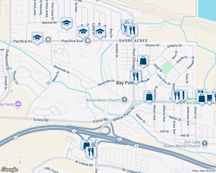 map of restaurants, bars, coffee shops, grocery stores, and more near 130 Butte Court in Bay Point