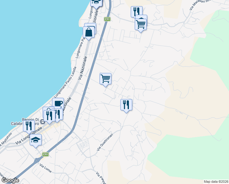 map of restaurants, bars, coffee shops, grocery stores, and more near Strada Statale 106 Ionica in Reggio Calabria