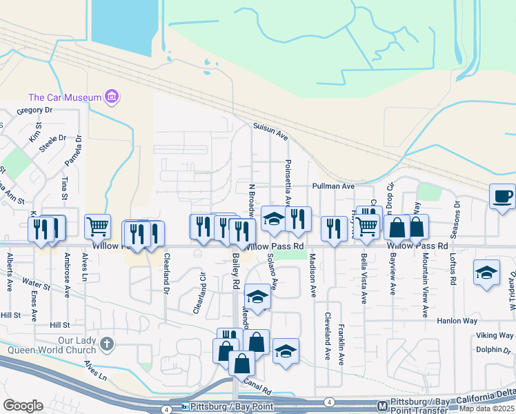 map of restaurants, bars, coffee shops, grocery stores, and more near 74 North Broadway Avenue in Bay Point