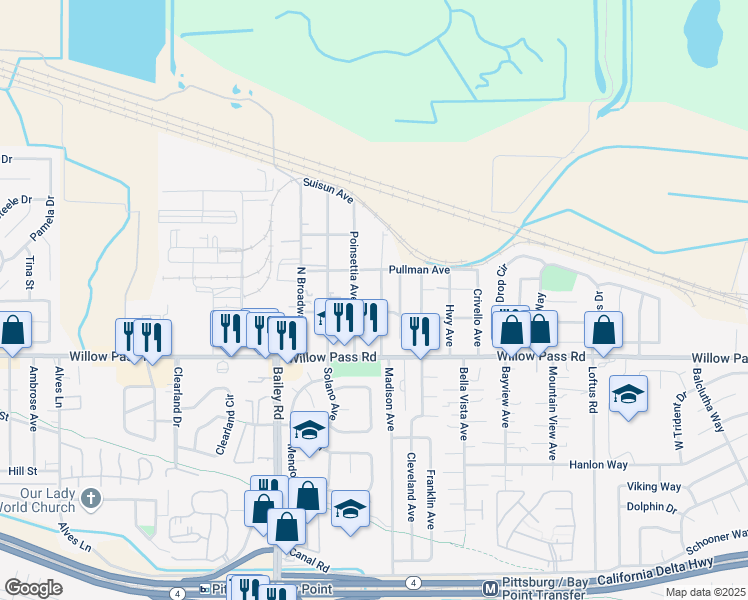 map of restaurants, bars, coffee shops, grocery stores, and more near 43 Fairview Avenue in Bay Point
