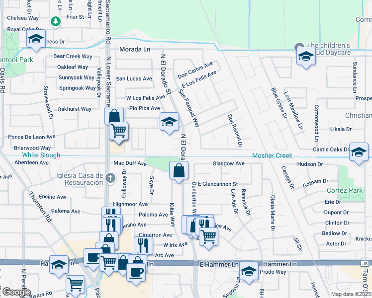 map of restaurants, bars, coffee shops, grocery stores, and more near 103 Glasgow Avenue in Stockton