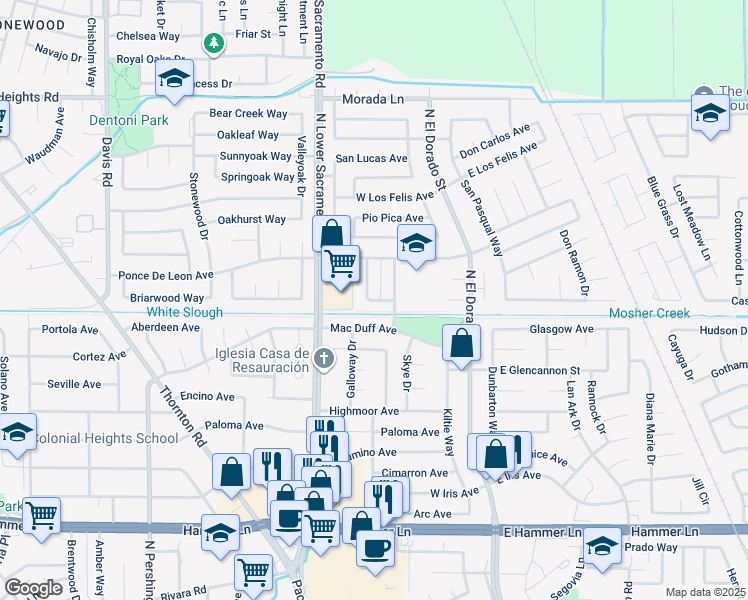 map of restaurants, bars, coffee shops, grocery stores, and more near 747 Mac Duff Avenue in Stockton