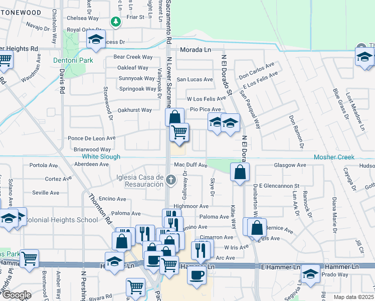 map of restaurants, bars, coffee shops, grocery stores, and more near 801 Mac Duff Avenue in Stockton