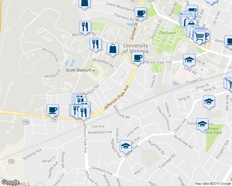 map of restaurants, bars, coffee shops, grocery stores, and more near 102 Carrollton Terrace in Charlottesville