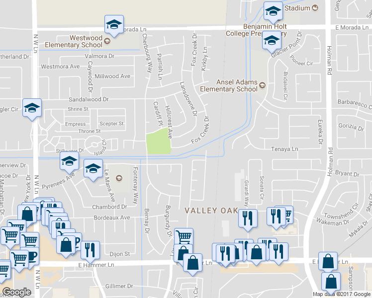 map of restaurants, bars, coffee shops, grocery stores, and more near 2617 Pyrenees Avenue in Stockton