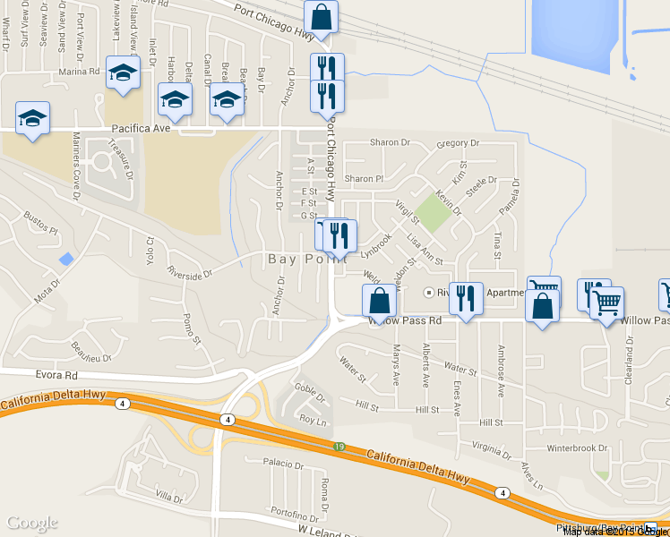 map of restaurants, bars, coffee shops, grocery stores, and more near 205 Port Chicago Hwy in Pittsburg