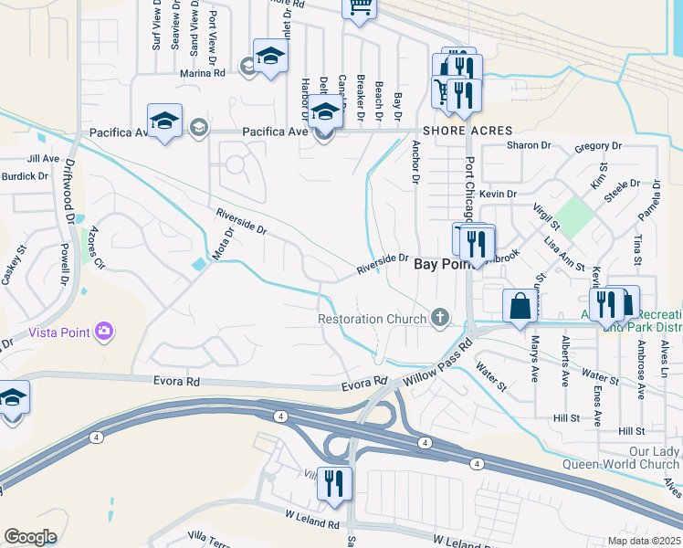 map of restaurants, bars, coffee shops, grocery stores, and more near 120 Riverside Drive in Bay Point