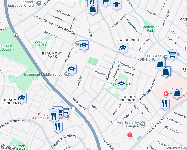 map of restaurants, bars, coffee shops, grocery stores, and more near 2111 Palms Drive in Lexington