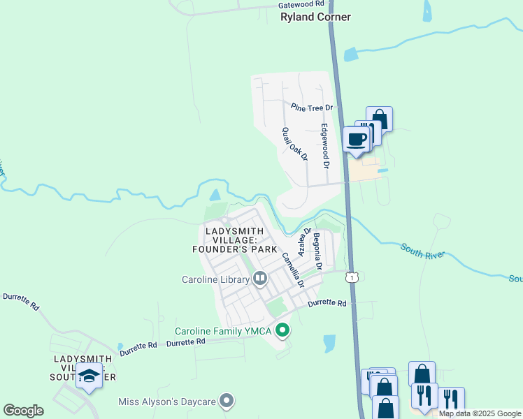 map of restaurants, bars, coffee shops, grocery stores, and more near 17109 Camellia Drive in Ruther Glen