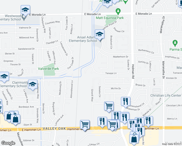 map of restaurants, bars, coffee shops, grocery stores, and more near 8600 Tenaya Court in Stockton