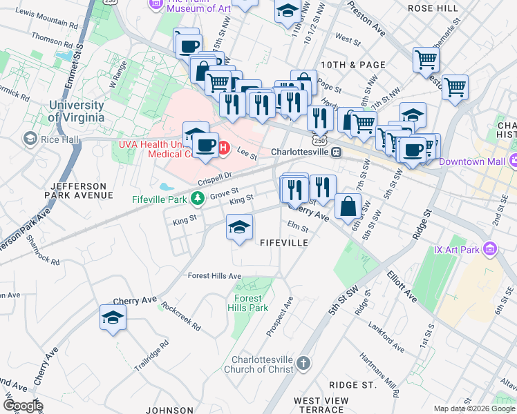 map of restaurants, bars, coffee shops, grocery stores, and more near 917 King Street in Charlottesville